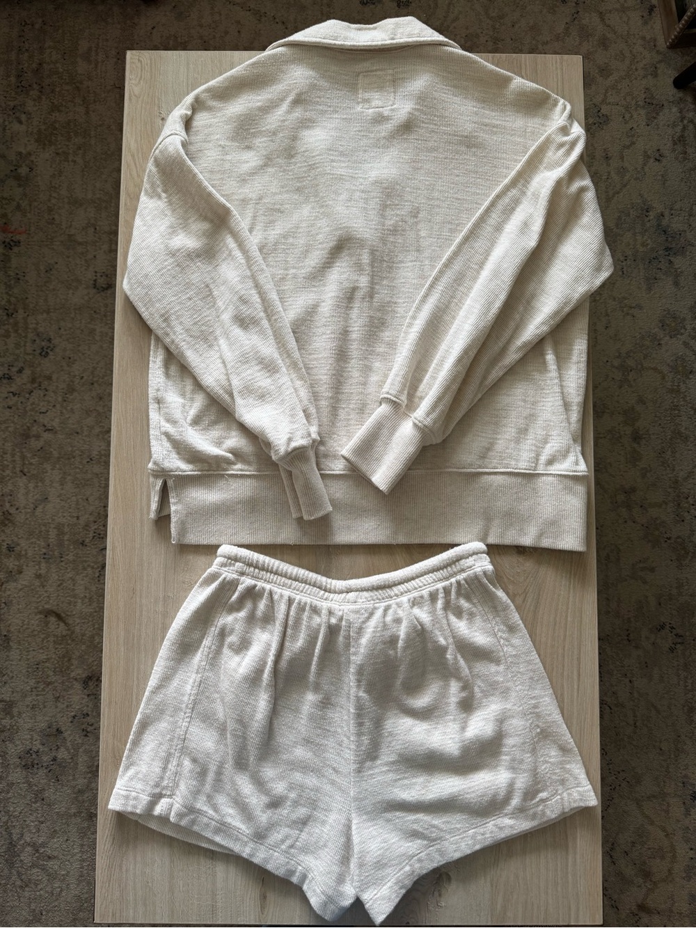 aerie Oatmeal Ribbed Collared Pullover & Drawstring Shorts Set - Picture 2 of 4